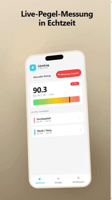 Capture d'écran de BruitLog : mesure sonore en direct en temps réel avec la valeur en décibels actuelle et une barre de niveau colorée