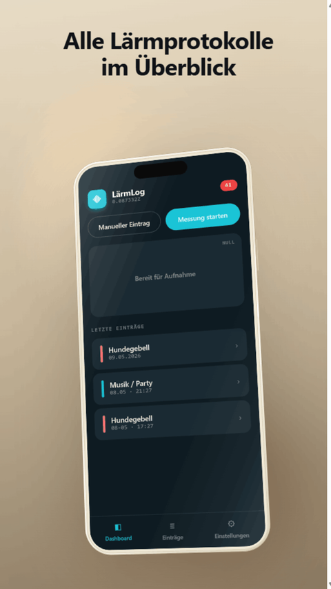 Capture d'écran de BruitLog : vue chronologique de tous les incidents sonores enregistrés avec catégorie et heure