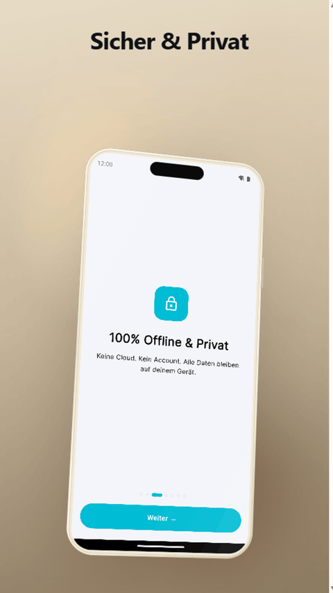 Capture d'écran de BruitLog : 100 % hors ligne et confidentiel — pas de cloud, pas de compte, toutes les données restent sur l'appareil